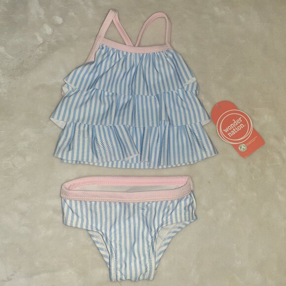 NEW! WONDERNATION 2 PC SWIMSUIT STRIPED RUFFLED TANKINI-INFANT GIRLS SIZE 0-3M - Picture 1 of 3
